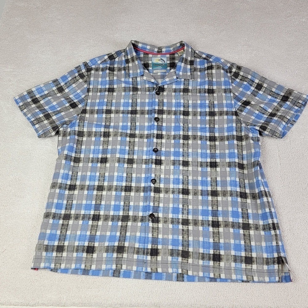Tommy‎ Bahama Shirt Mens XL Blue Plaid Silk Cotton Island Modern Fit Camp Collar - Picture 4 of 7